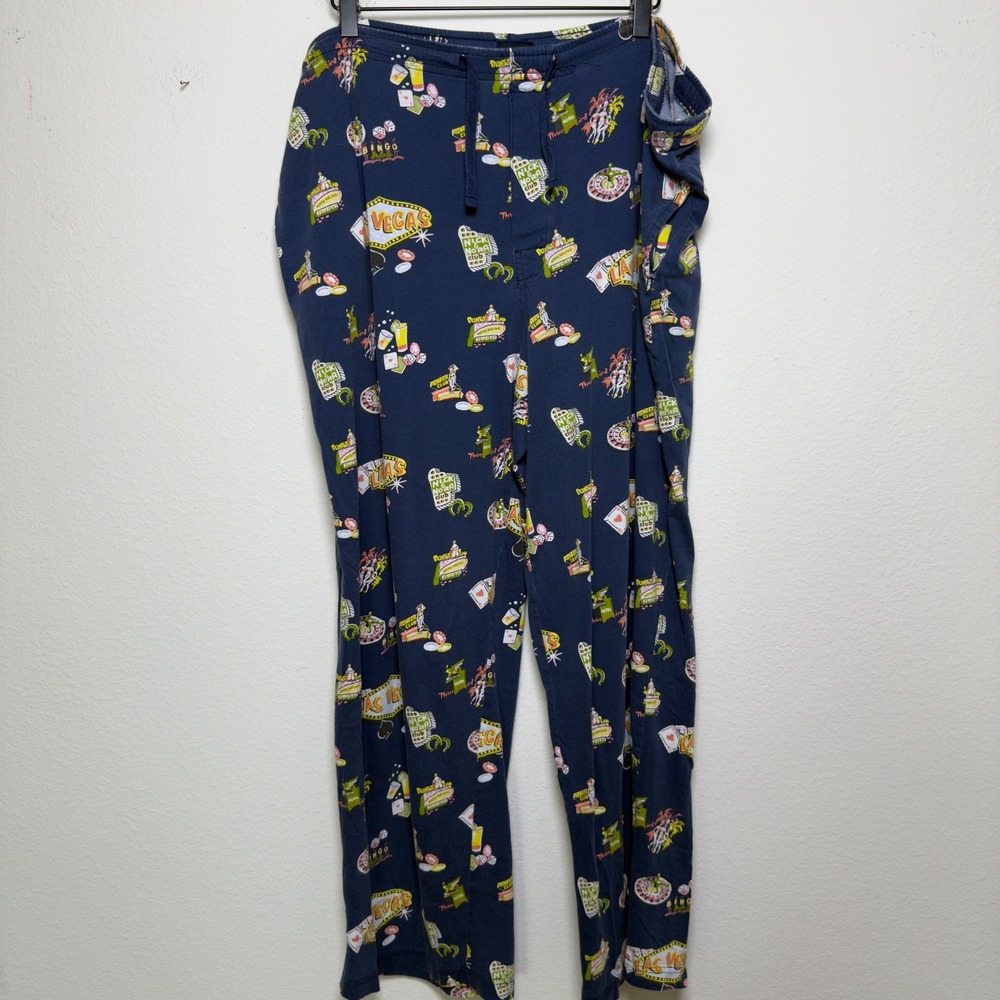 VTG Y2K Nick & Nora RARE Women Pajama Pants Navy Blue Las Vegas Casino Novelty